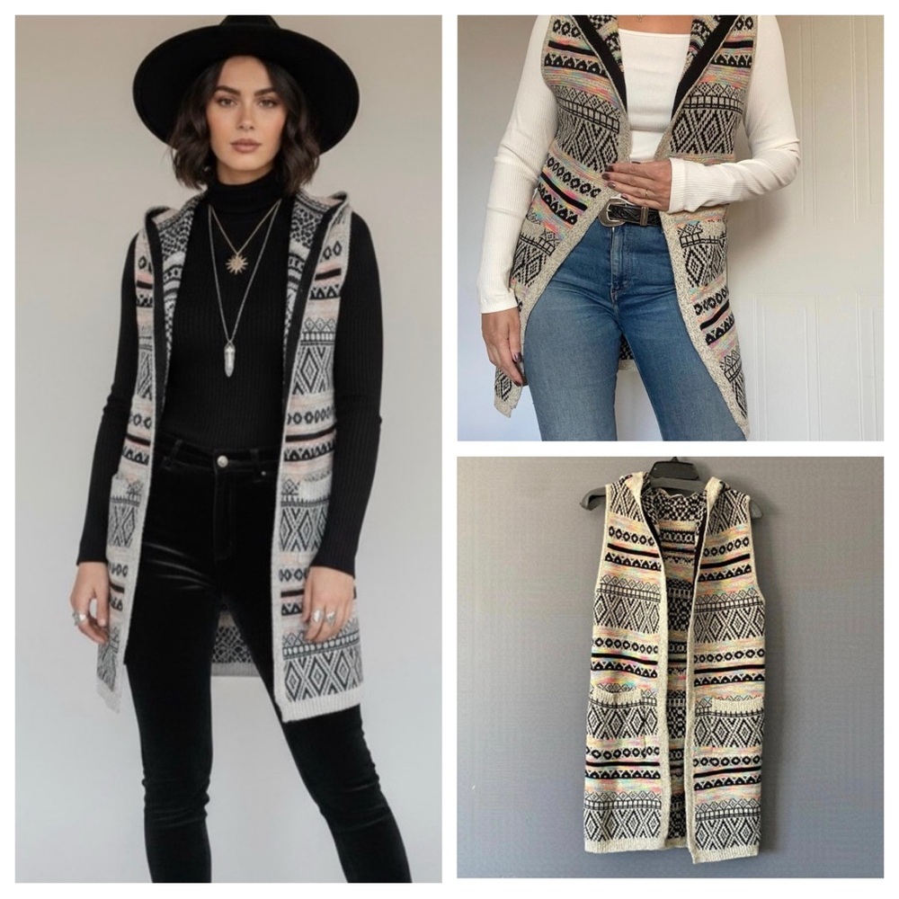 Western Gothic Duster Vest Geometric Knit Hooded Moody Boho